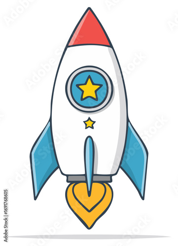 Cute cartoon rocket ship illustration flying high with stars representing progress and startup success