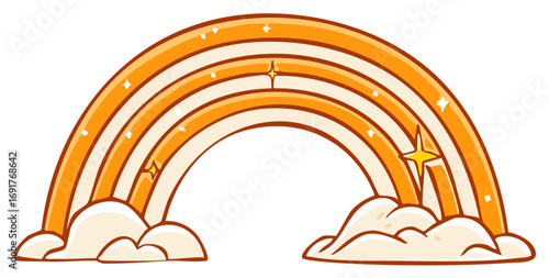 Cartoon rainbow with clouds and shining stars in orange, yellow and off-white color.