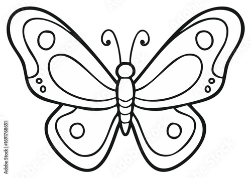 Simple outline drawing of a butterfly with open wings and decorative circles