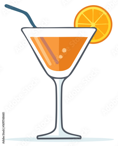 Illustration of martini glass with orange cocktail and garnish against a plain backdrop