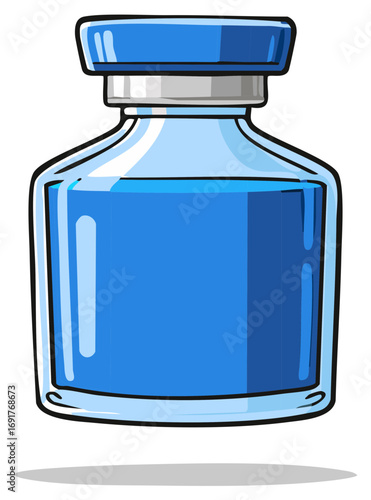 Cartoon glass bottle filled with bright blue liquid and a blue cap