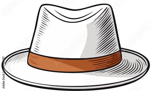 Classic white fedora hat with a brown band in a vintage illustration style