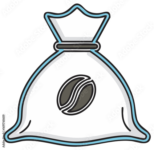 Stylized coffee bean bag illustration with a prominent bean symbol, light blue and black outlines.