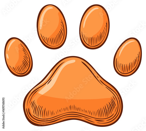 Stylized orange animal paw print illustration with hand drawn sketch lines