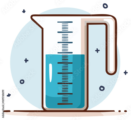 Hand drawn style measuring cup with blue liquid for science chemistry and cooking measurements