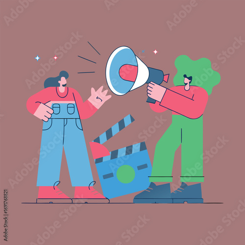 Filmmaking concept two people with megaphone and clapperboard celebrating movie production success