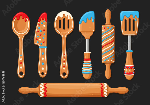 Gingerbread Kitchen Utensils - Spatula, Spoon, Knife, and Rolling Pin with Icing Details.