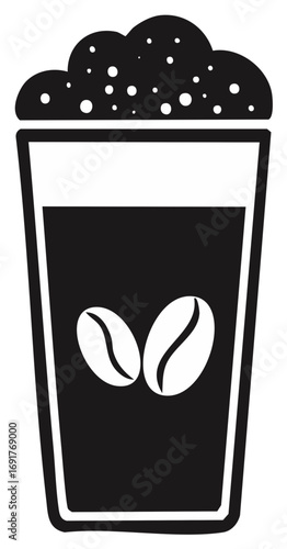 Black and white illustration of a tall glass filled with coffee and topped with frothy foam and coffee beans.