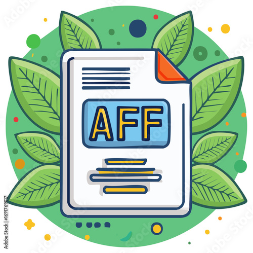 Paper document with AFF label surrounded by leaves and dots