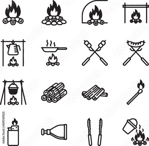 Campfire icons collection outdoor cooking and camping symbols set