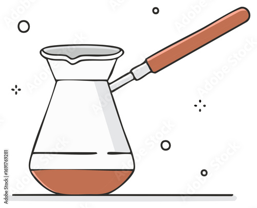 Drawing of a Turkish coffee pot with a long wooden handle and brown liquid inside.