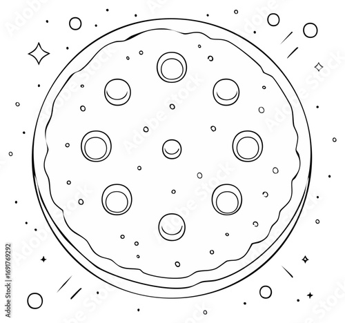 Line art illustration of a pizza surrounded by stars and celestial elements