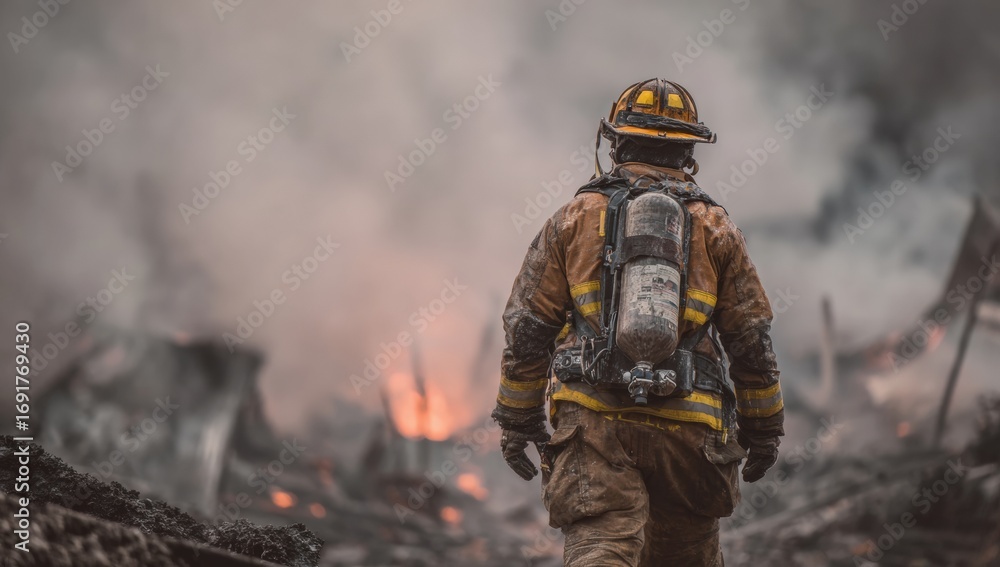 Fototapeta premium Firefighter at a scene of a fire