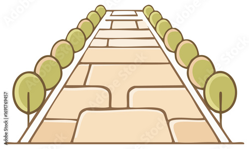 Stone Tile Walkway with Trees Illustration Leading the Eye Point of View in Landscaping Design