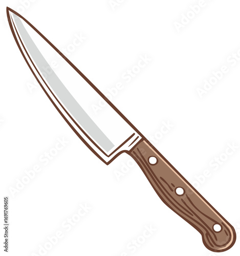 Illustrated Chef Knife with Wooden Handle Isolated on White Background