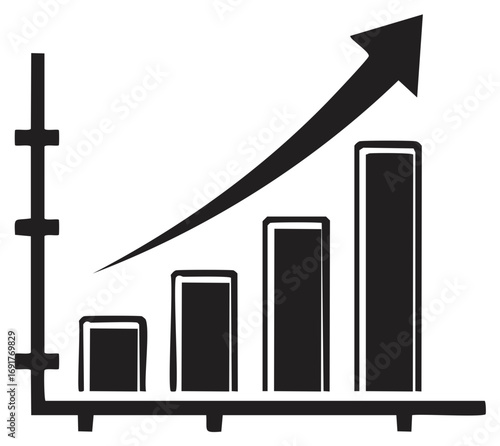 Bar chart graph with upward trending arrow representing business growth and success