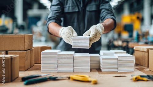 A worker in a factory carefully stacks white tiles