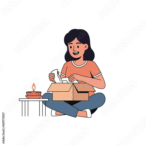 Woman unpacking cardboard box next to diya on table happy expression indoor scene high quality professional