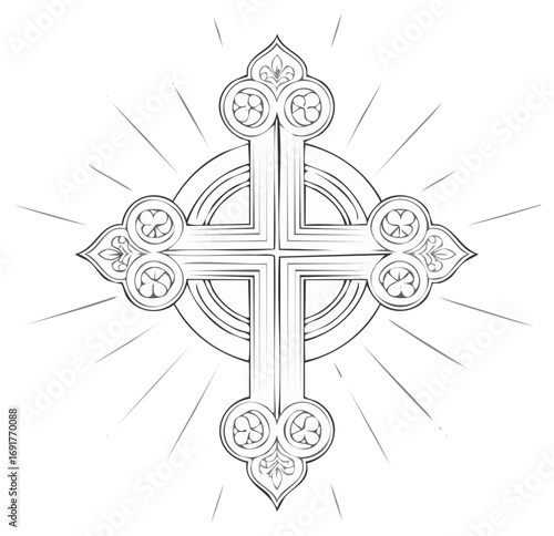 Elegant line drawing of a decorative Celtic cross with Gothic ornaments and shining rays of light