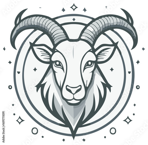 Stylized Goat Head Illustration with Ornamental Details, Mystic Graphic Design, Zodiac Theme, Detailed Horns, Circle Frame