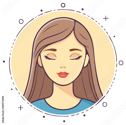 Cartoon drawing of a young woman with eyes closed in a relaxed meditative pose surrounded by a decorative circular border design