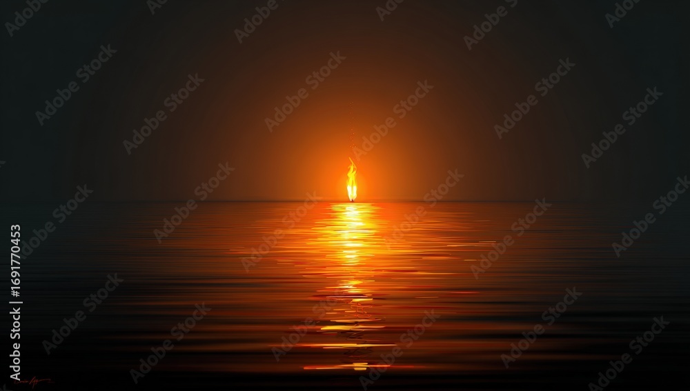 Fototapeta premium A single flame, reflecting on still water, against a dark, muted background