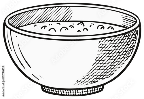 Hand drawn bowl of soup or porridge in a vintage engraving style sketch