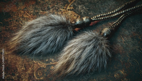 Two gray fur tassels on a textured surface