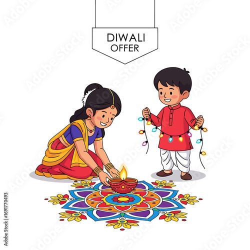 Brother and sister celebrating diwali with diya and lights festive indian holiday high quality professional