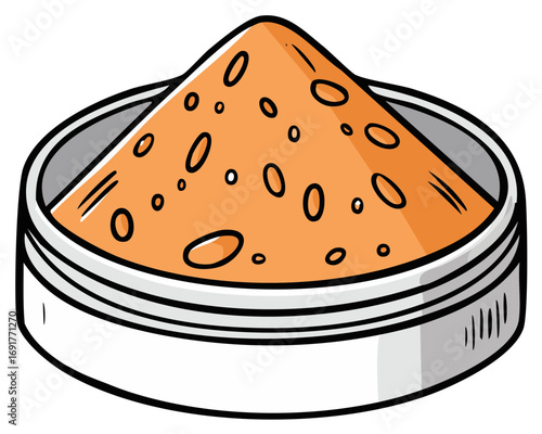 A cartoon illustration of a round metal tin filled with a pile of orange powder or spice