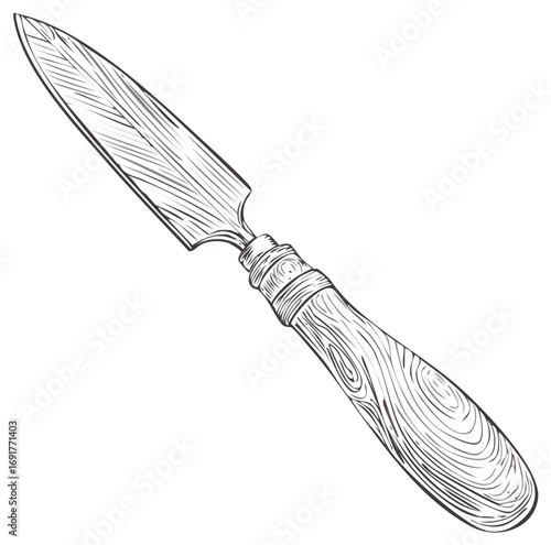 Detailed illustration of a traditional craft knife featuring a textured wooden handle