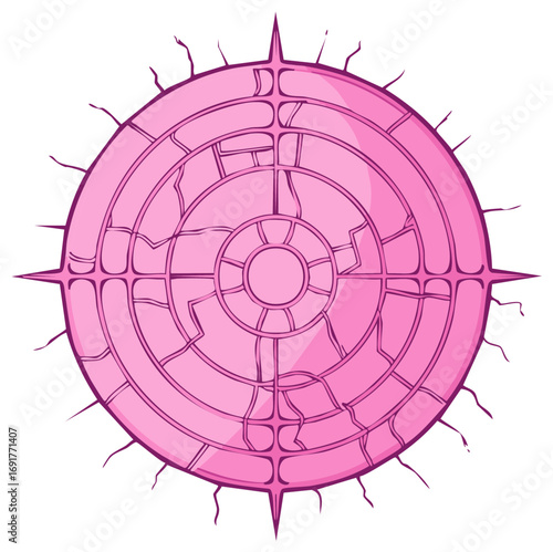 Cracked pink fantasy artifact with a spiky compass design and ancient magical patterns vector illustration