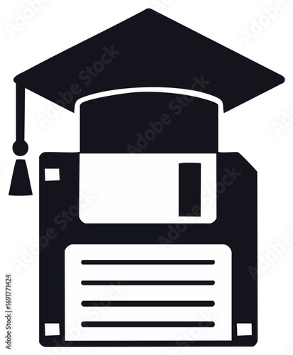 Graduation Cap on a Floppy Disk Icon Celebrating Vintage Computer Knowledge and Outdated Technology Skills