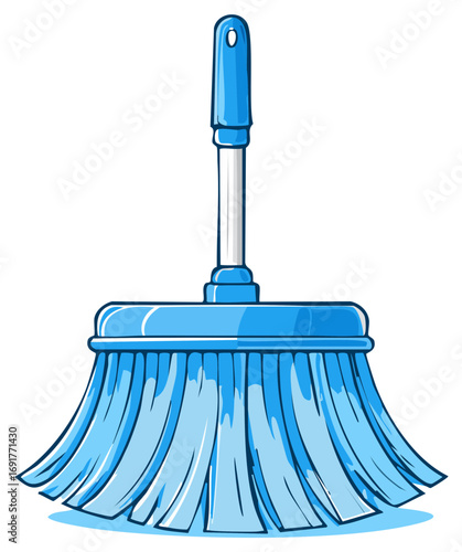 Blue dust mop with a long handle and fibers for cleaning floors