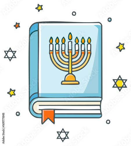 Light Blue Book with Hanukkah Menorah and Jewish Stars for Jewish Holiday Celebration
