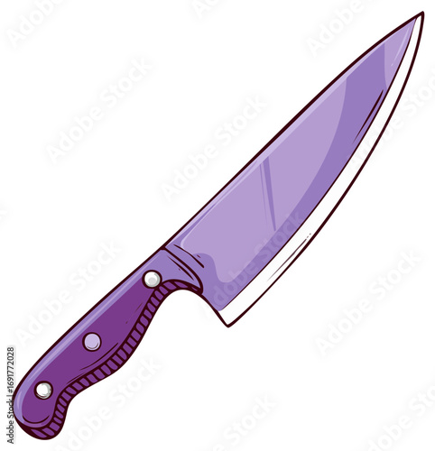 Chef's knife with a sharp blade, violet handle, kitchen cutlery, hand drawn style, cutting and chopping tools, kitchenware illustration