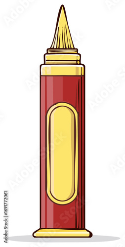 Cartoon Red Condiment Squeeze Bottle with Yellow Cap and Label Vector