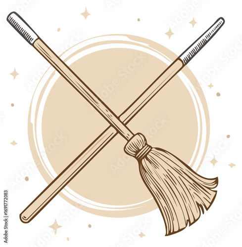 Vintage crossed broomsticks with sparkling magical effects and background circle