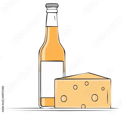 Simple illustration of a beer bottle and cheese wedge a classic food pairing concept