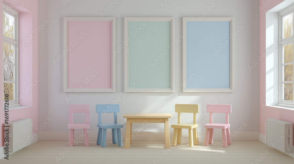 Fototapeta premium Minimal Pastel Nursery Mockup – Wall Art Frame for Kids Room