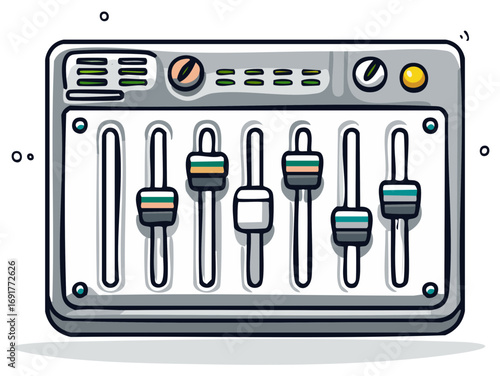 Illustrated sound mixer with faders and controls for audio mixing.