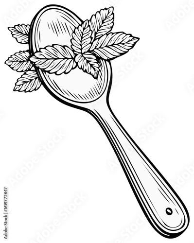 Black and white vector illustration of a spoon holding fresh mint leaves