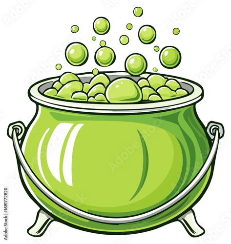 Shiny green witch cauldron full of a bubbling magic potion for Halloween cartoon illustration