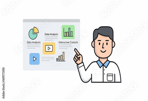 Cartoon businessman pointing at a presentation with data analysis charts, graphs, and interactive content