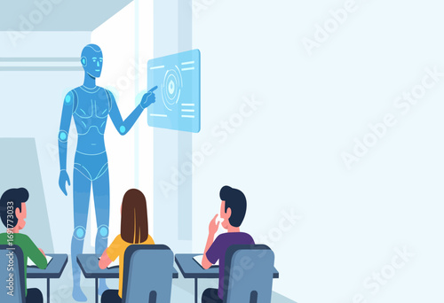 The future of education concept with an artificial intelligence robot teacher instructing a modern class in a futuristic school