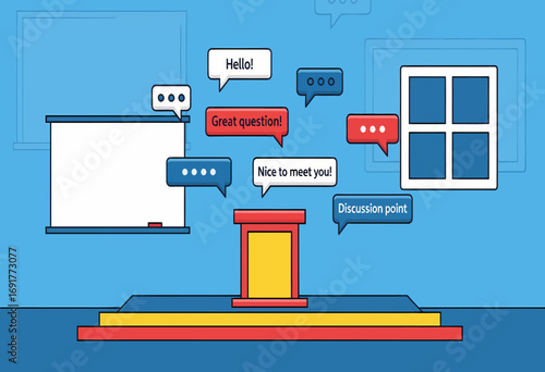 Interactive conference presentation concept with a speaker's podium and speech bubbles symbolizing audience engagement and public discussion