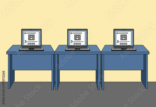 A simple illustration of three identical laptops set up in a row on a long blue desk, representing a modern computer lab, online testing center, or organized office workspace