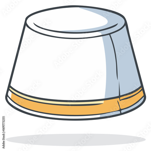 A simple cartoon illustration of a traditional white Islamic prayer cap with a gold band
