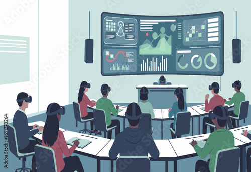 Diverse group of professionals in a futuristic classroom utilizing virtual reality headsets for immersive data analysis and collaborative learning