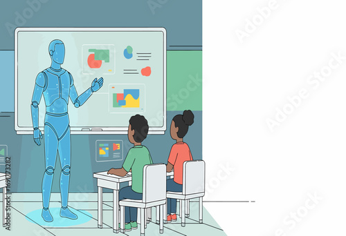 Futuristic education concept with an AI robot teacher instructing children in a modern smart classroom